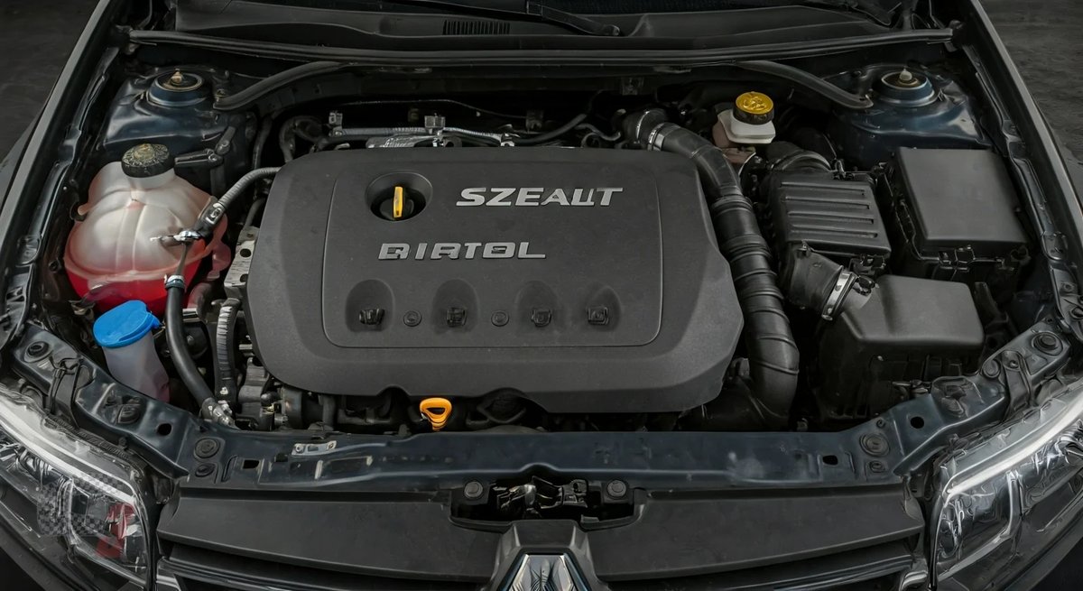 Revisión del motor de un Renault Sandero usado mostrando el compartimiento mecánico